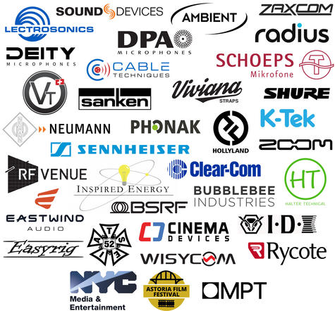 DPA MIcrophones Clear-Com Sennheiser Lectrosonics Shure Phonak Zaxcom Inspired Energy  Sanken Sound Devices Zoom  Deity Microphones K-Tek Wisycom Bubblebee Halter-Technical  Hollyland Astoria Film Festival Rycote BSRF Local 52 Cable Techniques RF Venue Ci